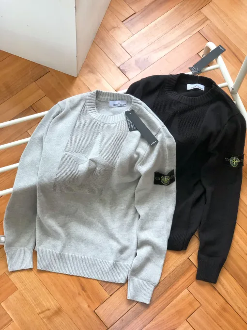 Luxus-Pullover aus schwarzer Wolle im Jacquard-Stil von Stone Island