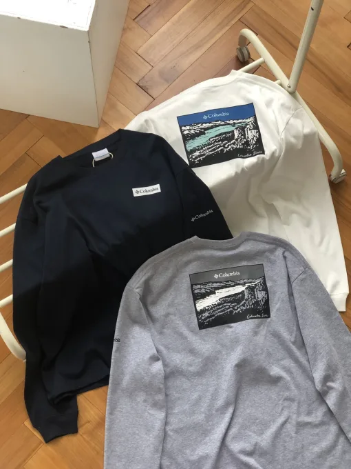 Hochwertiges Columbia Langarmshirt im weißen Baumwolldruckstil