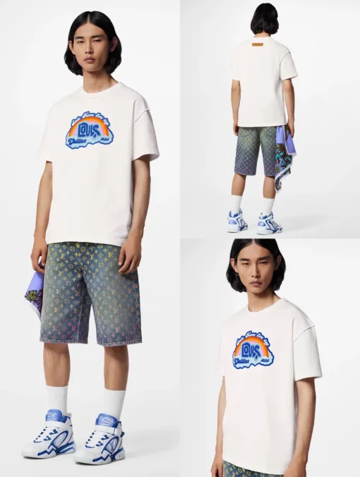 Hochwertiger Louis Vuitton Kurzarm-Regenbogen-Baumwoll-Atmungsaktiver Stil