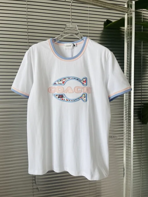 Hochwertiges Coach T-Shirt Blau Baumwolle Bestickt Luxus