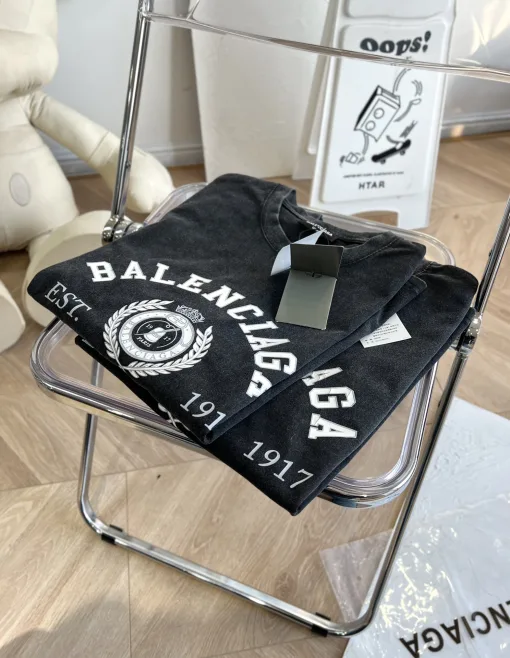 Premium Qualität Balenciaga Kurzarm Grau Baumwolle Druck Luxus