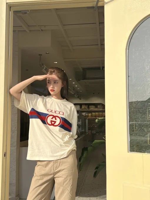 Luxus Gucci Kurzarm Weiß Baumwolle Klassischer Stil