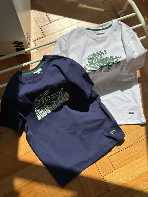 Meistverkaufte Lacoste Kurzarm Weiß Baumwolle Gestreift Stil