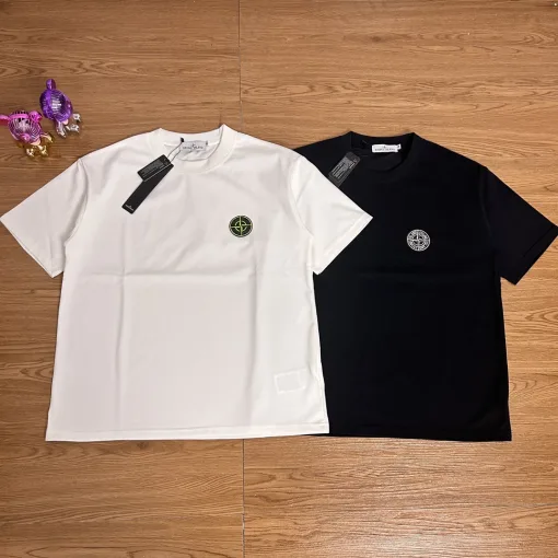 Luxus Stone Island Kurzarm Schwarz Baumwolle Bestickt Luxus