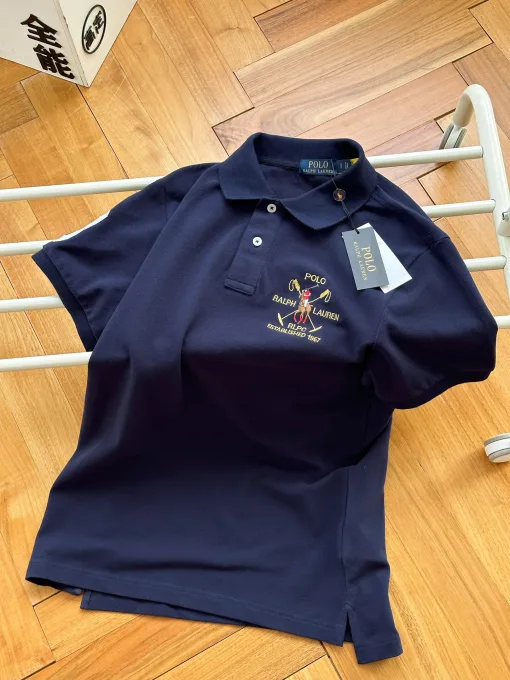 Premium Ralph Lauren Poloshirt, Marineblau, Baumwolle, bestickte Kollektion
