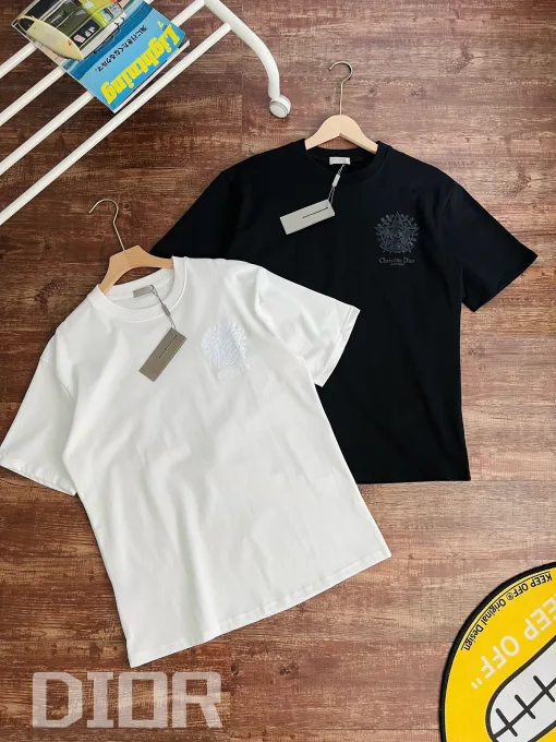 Luxus Dior Kurzarm Schwarz Baumwolle Bestickt Stil