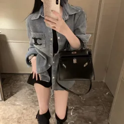 Luxus Celine Langarm Blue Denim Stickerei Stil