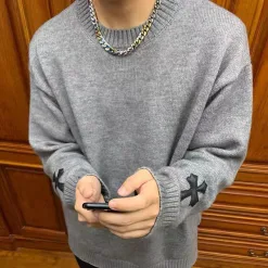 Premium Qualität Chrome Hearts Pullover Grau Leder Bestickt Luxus