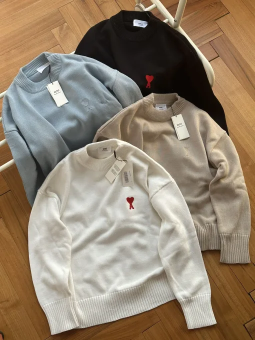Premium Qualität Ami Pullover Weiß Baumwolle Bestickt Luxus