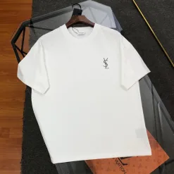 Premium Saint Laurent Kurzarm Schwarz Baumwolle Bestickt Luxus