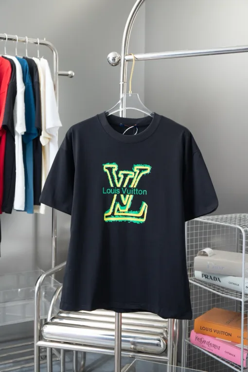 Hochwertiger Louis Vuitton Kurzarm Schwarz Baumwolle Klassischer Stil