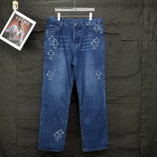 Luxus-Jeans „Chrome Hearts“ im verwaschenen Blau-Stil