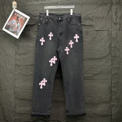 Premium Chrome Hearts Jeans Pink Leder Gewaschen Luxus