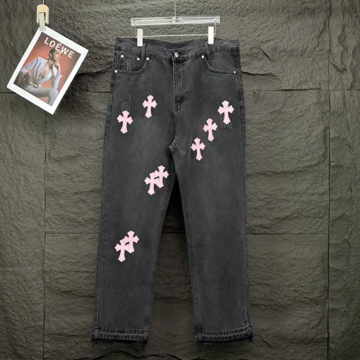 Premium Chrome Hearts Jeans Pink Leder Gewaschen Luxus