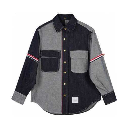 Hochwertige Thom Browne Hemden Blue Denim Patchwork Style