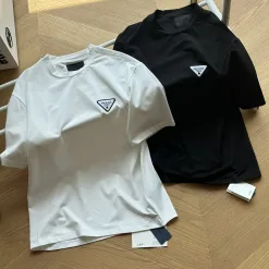 Hochwertige Prada Kurzarm Schwarz Baumwolle Logo Luxus