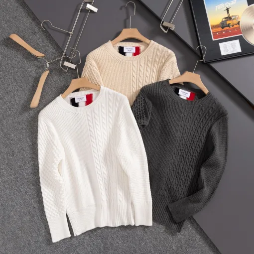 Hochwertiger Thom Browne Langarm Weißer Strick Classic Collection