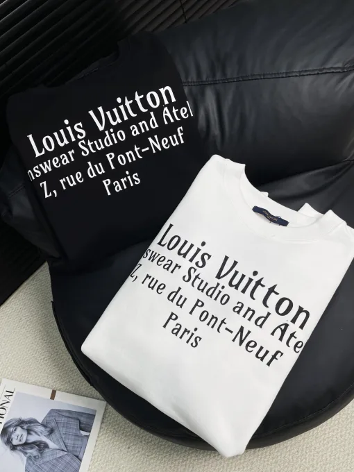 Hochwertiges Louis Vuitton Langarmshirt Schwarzes Leder Logo Luxus