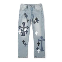 Premium Chrome Hearts Jeans Silber Leder Patchwork Luxus