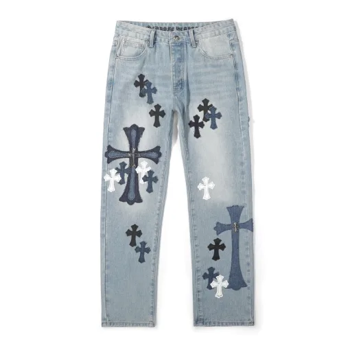 Premium Chrome Hearts Jeans Silber Leder Patchwork Luxus