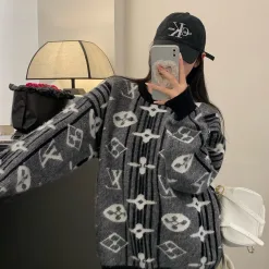 Premium Louis Vuitton Pullover Grau Strick Monogramm Luxus