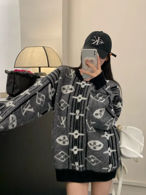 Premium Louis Vuitton Pullover Grau Strick Monogramm Luxus