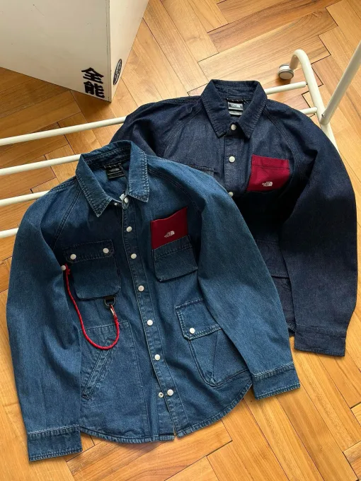 Hochwertige The North Face Shirts Blue Denim Bestickt Luxus