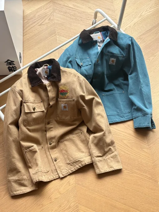 Luxus-Jacken von Carhartt, grün, Baumwolle, gestreift, Luxus