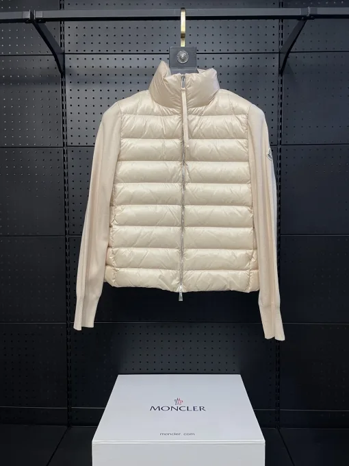 Luxus Moncler Daunenjacken Weiß Strick Patchwork Stil