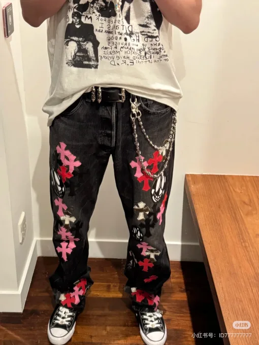 Premium Chrome Hearts Jeans Schwarz Leder Patchwork Luxus