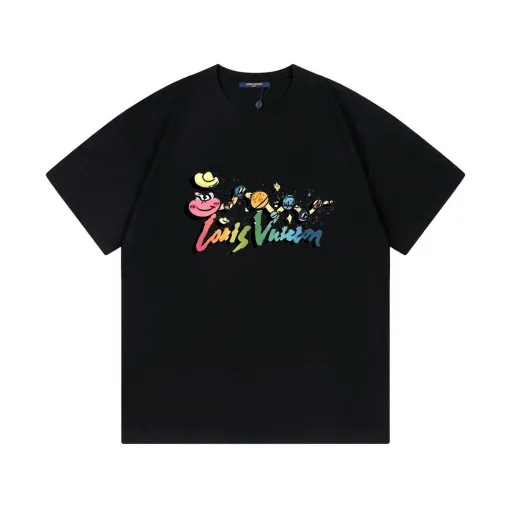 Premium Louis Vuitton Kurzarm Schwarz Baumwolle Logo Luxus