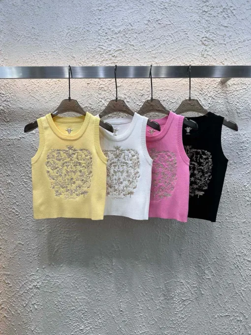 Hochwertige Dior Weste Gelbe Strick-Stickerei-Kollektion
