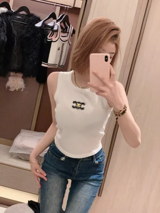 Meistverkaufte Celine Weste Weißer Strick Bestickter Stil