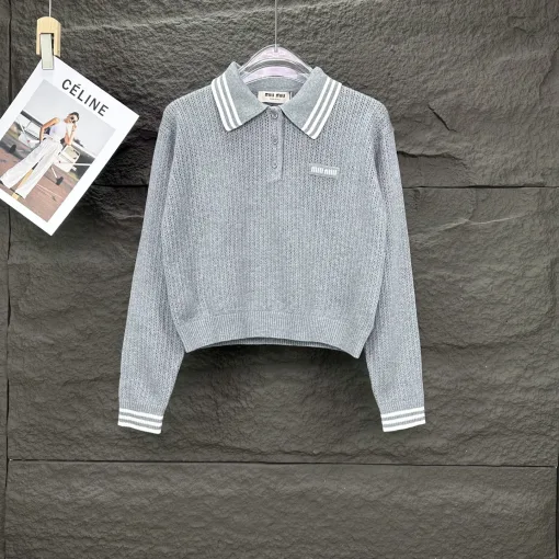 Premium Miu Miu Pullover Grau Strick Logo Luxus
