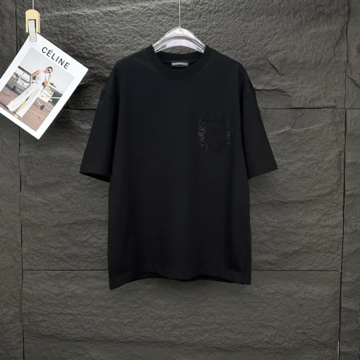 Luxus Chrome Hearts Kurzarm Schwarz Baumwolle Strass Luxus