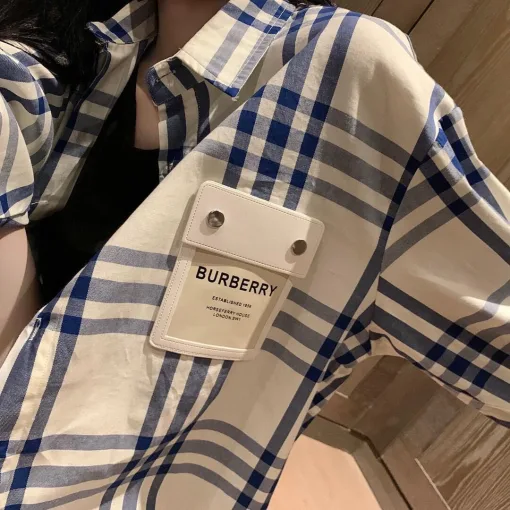 Premium Burberry Hemd Blau Leder Kariert Luxus