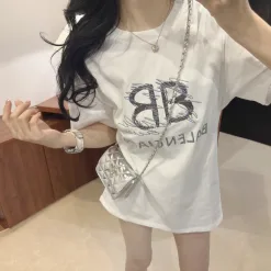 Premium Balenciaga Kurzarm Weiß Strass Stil