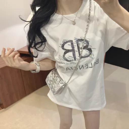 Premium Balenciaga Kurzarm Weiß Strass Stil