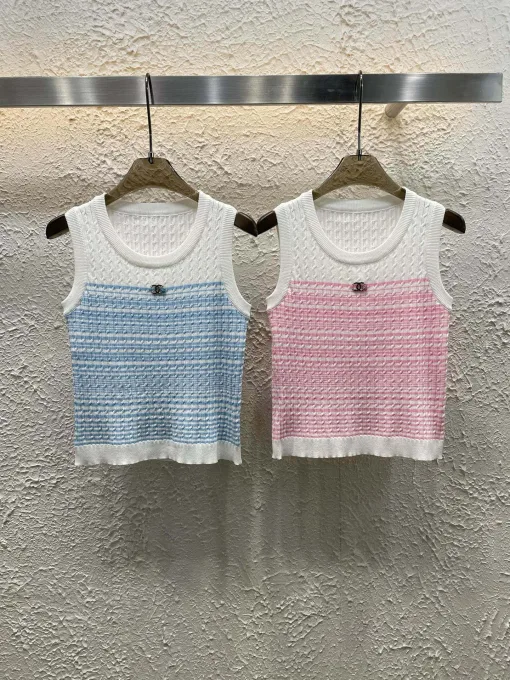 Hochwertige Chanel Weste Blau Strick Gestreift Kollektion