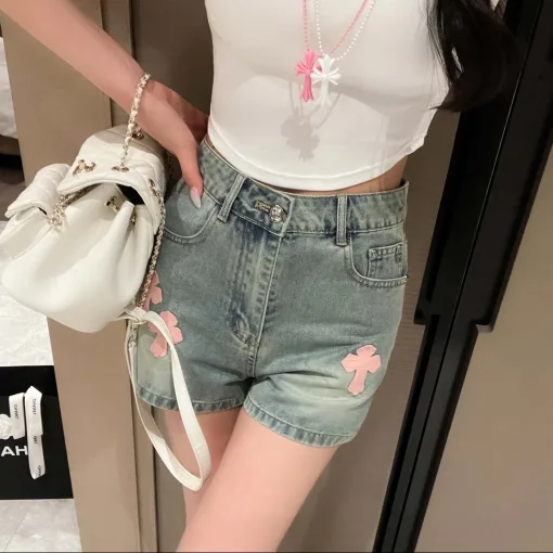 Luxuriöse Chrome Hearts Shorts, Blue Denim, bestickte Kollektion