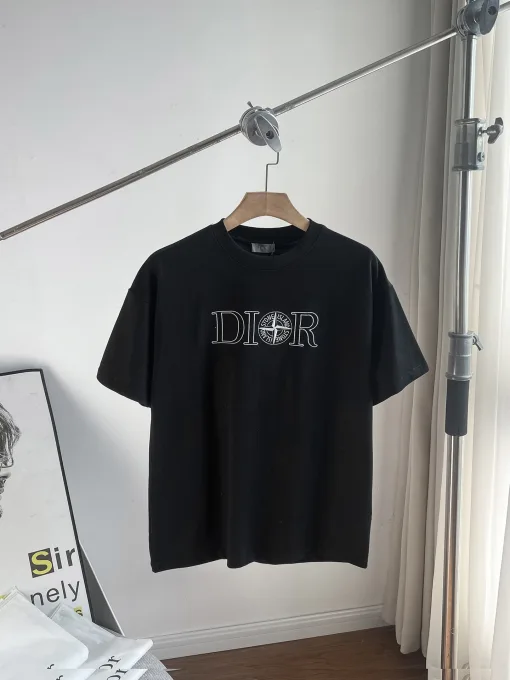 Luxus-Kollektion „Dior“ mit kurzen Ärmeln und schwarzer Baumwolle und Stickerei