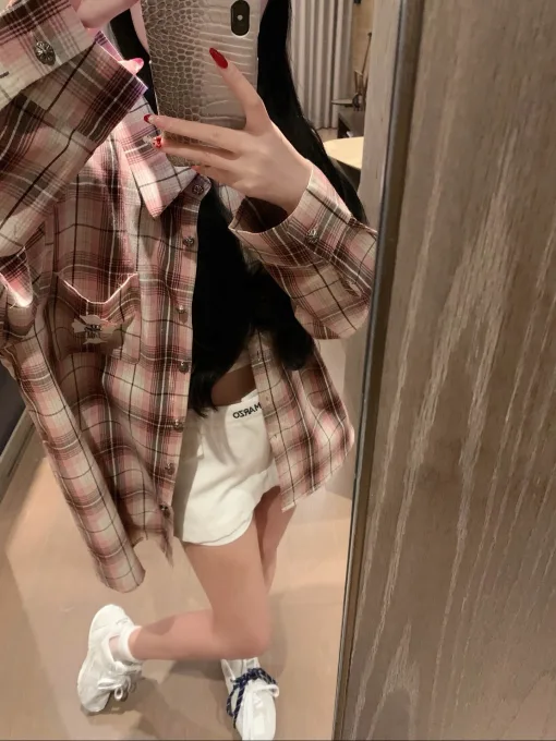 Luxus Chrome Hearts Hemd Rosa Leder Plaid Style
