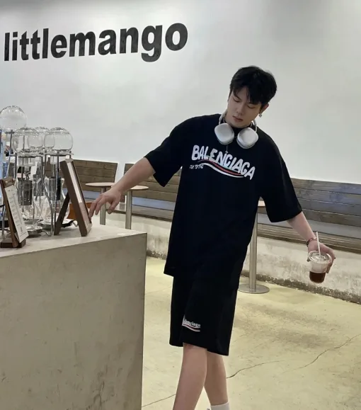 Luxus Balenciaga Kurzarm Schwarz Baumwolle Luxus