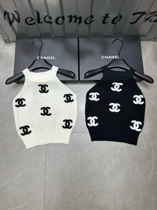 Luxus Chanel Weste Weiß Strick Bestickt Luxus