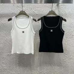 Luxus Chanel Weste Weiß Strick Bestickt Luxus