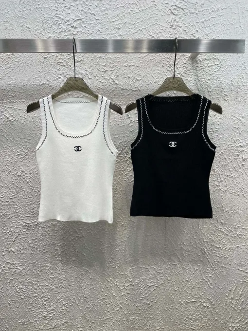 Luxus Chanel Weste Weiß Strick Bestickt Luxus
