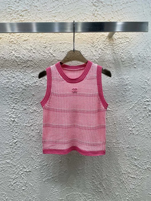 Hochwertige Chanel-Weste im rosa Strick-Stickerei-Stil