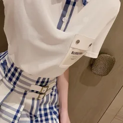 Premium Burberry Kurzarm Weiß Leder Plaid Luxus