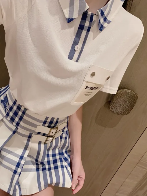 Premium Burberry Kurzarm Weiß Leder Plaid Luxus
