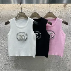 Luxus Chanel Weste Weiß Strick Bestickt Stil